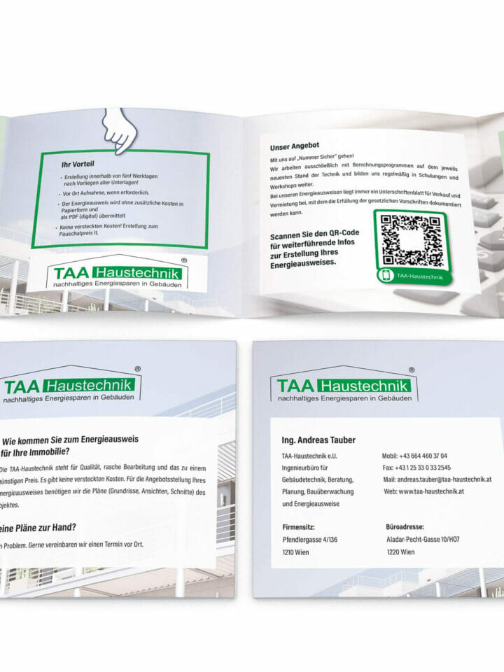 8-seitiger Kundenfolder der Firma TAA-Haustechnik im Wickelfalz
