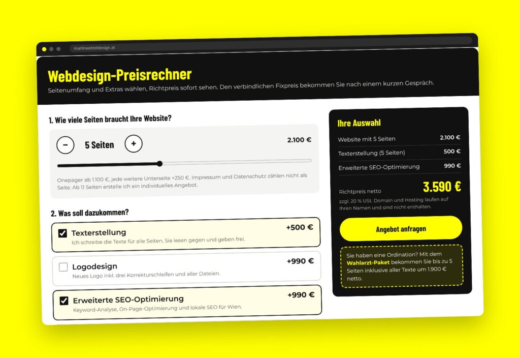 Webdesign-Preisrechner von Martin Wetzel Design: Seitenanzahl und Extras wählen, Richtpreis sofort sehen